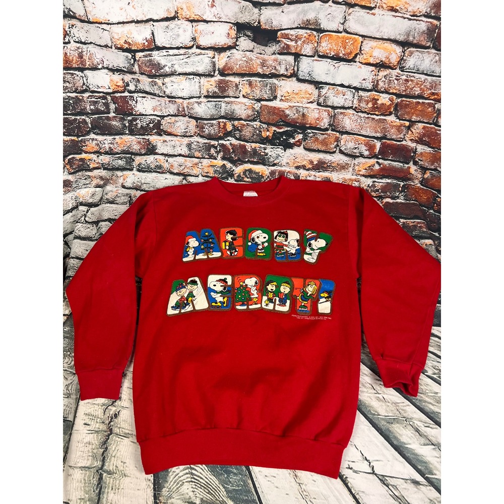 Vtg 90s Tultex Peanuts Christmas Sweatshirt XL Snoopy Merry Merry Made in USA